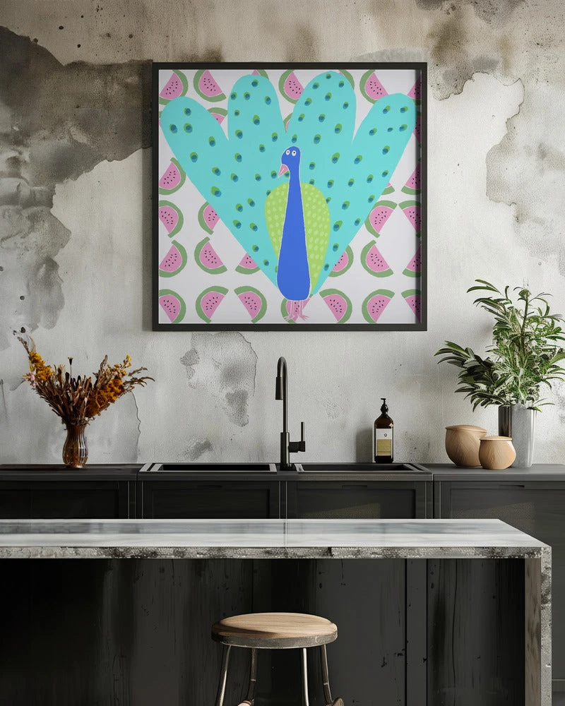Electric Peacock With Watermelon Pattern By Artist Carla Daly - Square Stretched Canvas, Poster Or Fine Art Print(Electric Peacock With Watermelon Pattern By Artist Carla Daly Square Stretched Canvas Poster Or Fine Art Print) 10 Electric Peacock With Watermelon Pattern By Artist Carla Daly - Square Stretched Canvas, Poster Or Fine Art Print(Electric Peacock With Watermelon Pattern By Artist Carla Daly Square Stretched Canvas Poster Or Fine Art Print) - Image 10