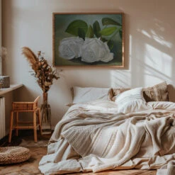 White Roses - Stretched Canvas, Poster Or Fine Art Print(White Roses Stretched Canvas Poster Or Fine Art Print) -Heart Wall Art Store pictufy interior warm beige bedroom horizontal rat 2575858