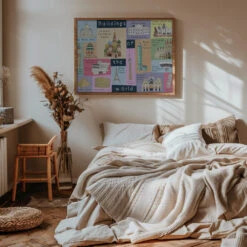 Buildings Of The World Illustrated By Artist Carla Daly - Stretched Canvas, Poster Or Fine Art Print(Buildings Of The World Illustrated By Artist Carla Daly Stretched Canvas Poster Or Fine Art Print) -Heart Wall Art Store pictufy interior warm beige bedroom horizontal rat 2890468