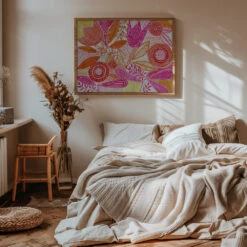 Layered Botanical Watercolour - Stretched Canvas, Poster Or Fine Art Print(Layered Botanical Watercolour Stretched Canvas Poster Or Fine Art Print 2) -Heart Wall Art Store pictufy interior warm beige bedroom horizontal rat 3148646