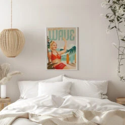Surfing Pinup Girl On Beach In Bikini - Stretched Canvas, Poster Or Fine Art Print(Surfing Pinup Girl On Beach In Bikini Stretched Canvas Poster Or Fine Art Print) -Heart Wall Art Store pictufy interior white bedroom ratio 5x7 2884804