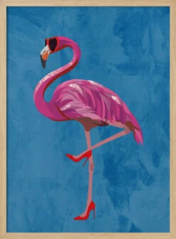 Flamingo In Heels And Heart Glasses Blue - Stretched Canvas, Poster Or Fine Art Print(Flamingo In Heels And Heart Glasses Blue Stretched Canvas Poster Or Fine Art Print) -Heart Wall Art Store pictufy light wood 50x70 2751891