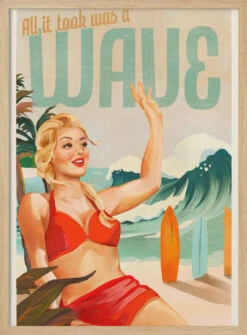 Surfing Pinup Girl On Beach In Bikini - Stretched Canvas, Poster Or Fine Art Print(Surfing Pinup Girl On Beach In Bikini Stretched Canvas Poster Or Fine Art Print) -Heart Wall Art Store pictufy light wood 50x70 2884804