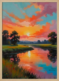 Sunset By The River - Stretched Canvas, Poster Or Fine Art Print(Sunset By The River Stretched Canvas Poster Or Fine Art Print) -Heart Wall Art Store pictufy light wood 50x70 3020445