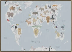 Illustrated Map Of The World With Cute Animals - Stretched Canvas, Poster Or Fine Art Print(Illustrated Map Of The World With Cute Animals Stretched Canvas Poster Or Fine Art Print) -Heart Wall Art Store pictufy light wood floating frame canvas horizonta 2886774