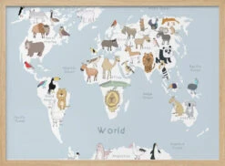 Illustrated Map Of The World With Cute Animals - Stretched Canvas, Poster Or Fine Art Print(Illustrated Map Of The World With Cute Animals Stretched Canvas Poster Or Fine Art Print) -Heart Wall Art Store pictufy light wood horizontal 50x70 2886774