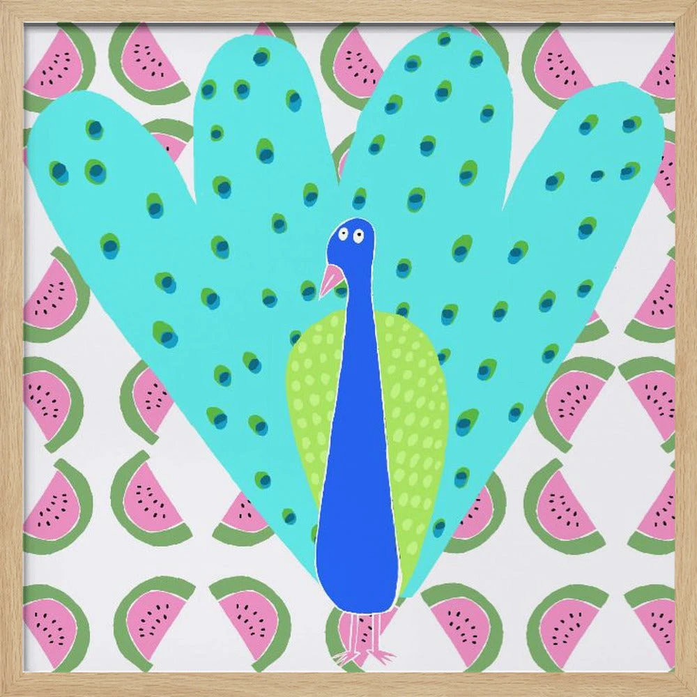 Electric Peacock With Watermelon Pattern By Artist Carla Daly - Square Stretched Canvas, Poster Or Fine Art Print(Electric Peacock With Watermelon Pattern By Artist Carla Daly Square Stretched Canvas Poster Or Fine Art Print) 3 Electric Peacock With Watermelon Pattern By Artist Carla Daly - Square Stretched Canvas, Poster Or Fine Art Print(Electric Peacock With Watermelon Pattern By Artist Carla Daly Square Stretched Canvas Poster Or Fine Art Print) - Image 3