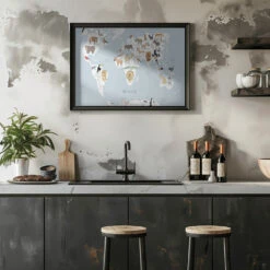 Illustrated Map Of The World With Cute Animals - Stretched Canvas, Poster Or Fine Art Print(Illustrated Map Of The World With Cute Animals Stretched Canvas Poster Or Fine Art Print) -Heart Wall Art Store pictufy rustic kitchen horizontal ratio 5x7 2886774