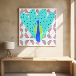 Electric Peacock With Watermelon Pattern By Artist Carla Daly - Square Stretched Canvas, Poster Or Fine Art Print(Electric Peacock With Watermelon Pattern By Artist Carla Daly Square Stretched Canvas Poster Or Fine Art Print) 24 Electric Peacock With Watermelon Pattern By Artist Carla Daly - Square Stretched Canvas, Poster Or Fine Art Print(Electric Peacock With Watermelon Pattern By Artist Carla Daly Square Stretched Canvas Poster Or Fine Art Print) -Heart Wall Art Store pictufy square interiors bright desk ratio 1x1 2898631