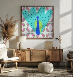 Electric Peacock With Watermelon Pattern By Artist Carla Daly - Square Stretched Canvas, Poster Or Fine Art Print(Electric Peacock With Watermelon Pattern By Artist Carla Daly Square Stretched Canvas Poster Or Fine Art Print) 19 Electric Peacock With Watermelon Pattern By Artist Carla Daly - Square Stretched Canvas, Poster Or Fine Art Print(Electric Peacock With Watermelon Pattern By Artist Carla Daly Square Stretched Canvas Poster Or Fine Art Print) -Heart Wall Art Store pictufy square livingroom ratio 1x1 2898631