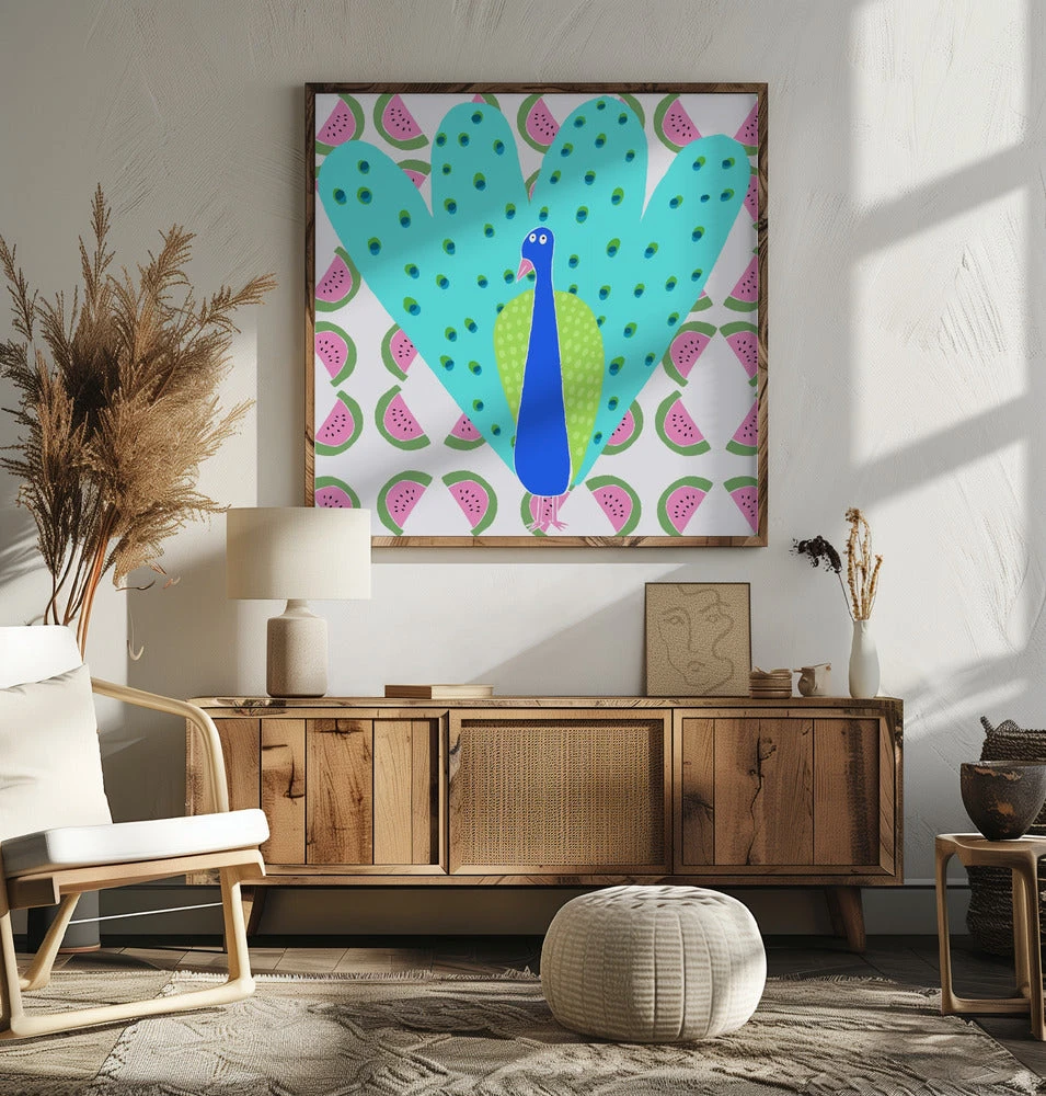 Electric Peacock With Watermelon Pattern By Artist Carla Daly - Square Stretched Canvas, Poster Or Fine Art Print(Electric Peacock With Watermelon Pattern By Artist Carla Daly Square Stretched Canvas Poster Or Fine Art Print) 7 Electric Peacock With Watermelon Pattern By Artist Carla Daly - Square Stretched Canvas, Poster Or Fine Art Print(Electric Peacock With Watermelon Pattern By Artist Carla Daly Square Stretched Canvas Poster Or Fine Art Print) - Image 7