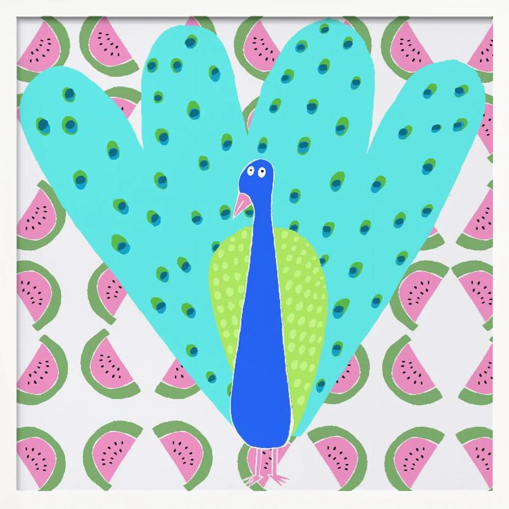 Electric Peacock With Watermelon Pattern By Artist Carla Daly - Square Stretched Canvas, Poster Or Fine Art Print(Electric Peacock With Watermelon Pattern By Artist Carla Daly Square Stretched Canvas Poster Or Fine Art Print) 2 Electric Peacock With Watermelon Pattern By Artist Carla Daly - Square Stretched Canvas, Poster Or Fine Art Print(Electric Peacock With Watermelon Pattern By Artist Carla Daly Square Stretched Canvas Poster Or Fine Art Print) - Image 2