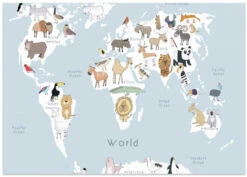 Illustrated Map Of The World With Cute Animals - Stretched Canvas, Poster Or Fine Art Print(Illustrated Map Of The World With Cute Animals Stretched Canvas Poster Or Fine Art Print) -Heart Wall Art Store poster landscape 2886774